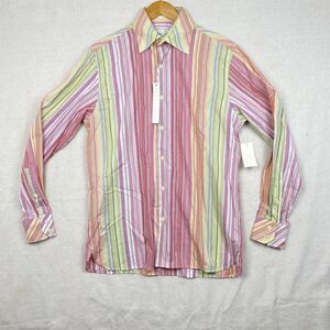 NWT Perry Ellis Striped Button Down Deep Cherry Pink Green Multi Medium MB2317B